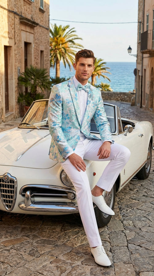 Mens Light Blue Floral Jacquard Tuxedo Jacket with Matching Bow Tie | Formal Prom Wedding Blazer + Bowtie Turqoise Aqua Color