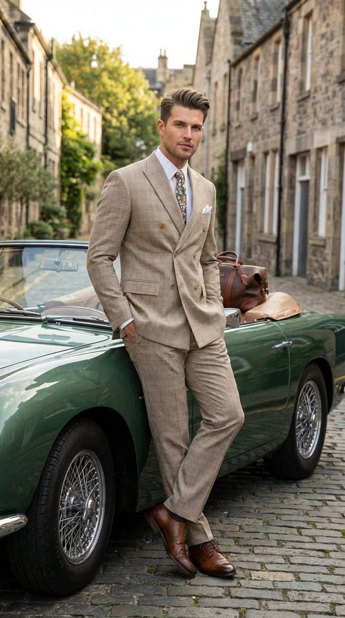 Vinci Mens Beige Plaid Double Breasted Suit Classic Checkered Formal Suit Set in Tan Color Windowpane Checkered Pattern