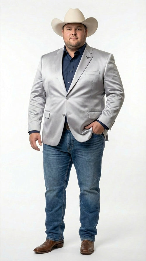 Mens Shiny Silver Cowboy Blazer Western Style Satin Finish Blazer for Party, Country Events and Evening Wear