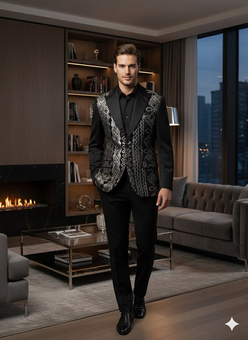 Mens Black and White and Silver Sequin Embroidered Blazer Luxury Designer Party Wear with Geometric Detailing