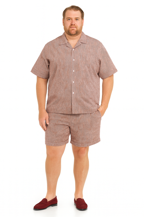 Mens Burgundy Reddish Seersucker Short Set Walking Suit Two-Piece Cuffed Shorts with Expandable Waist