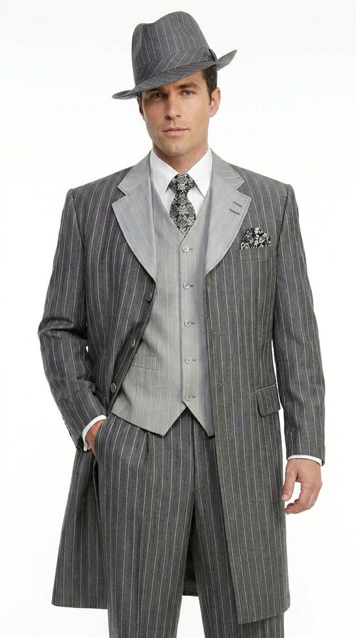 Men’s Grey Pinstripe Zoot Suit 3 Piece – 1920s Gangster Vintage Wide Lapel Suit with Vest for Wedding, Party