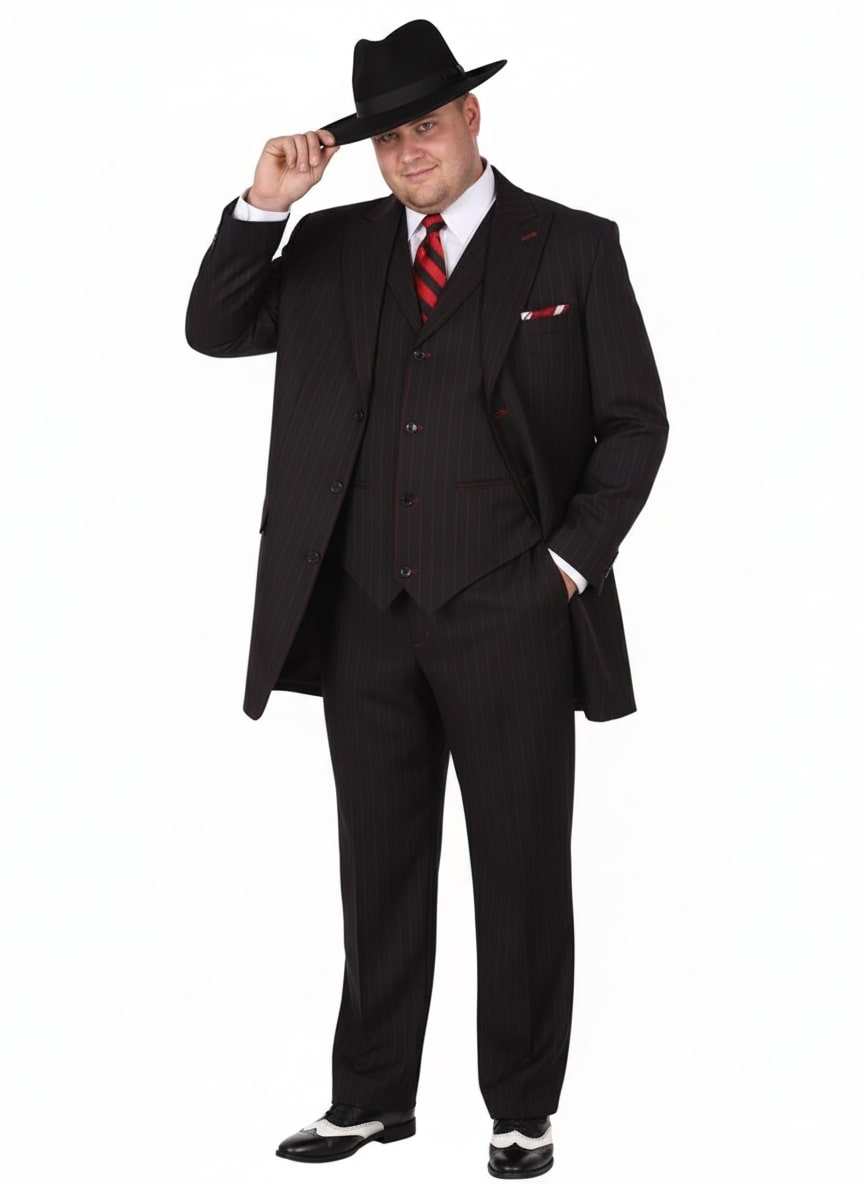 Mens Black and Red Pinstripe Zoot Suit – 1920s Gangster Vintage 3-Piece Suit for Formal, Prom, and Themed Events - 34 Short or Extra Small