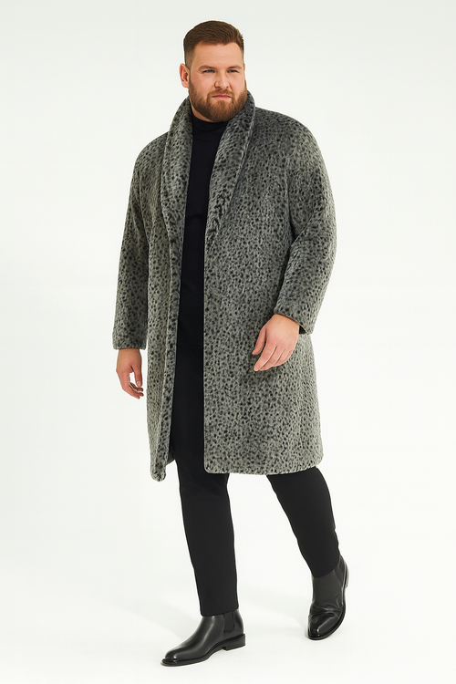 Mens Luxury Long Grey Faux Fur Coat -Winter Overcoat with Animal Print Design