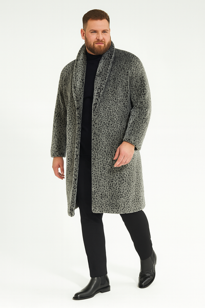 Mens Luxury Long Grey Faux Fur Coat -Winter Overcoat with Animal Print Design