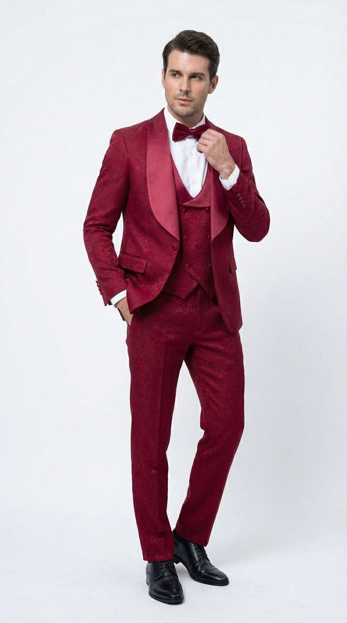 Mens Burgundy Wedding Tuxedo Suit β Paisley Three Piece Formal Suit Set with Shawl Lapel for Groom, Prom