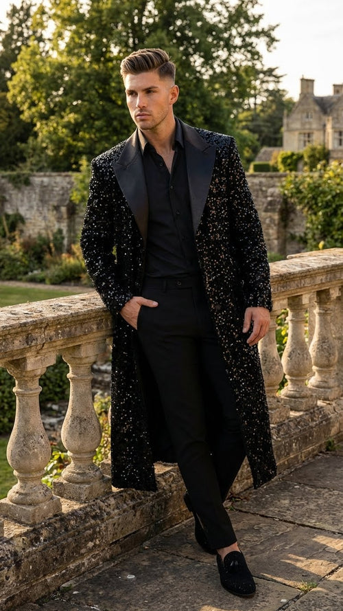 Mens Black Sequin Long Coat with Satin Shawl Lapel Luxury Statement Evening Overcoat