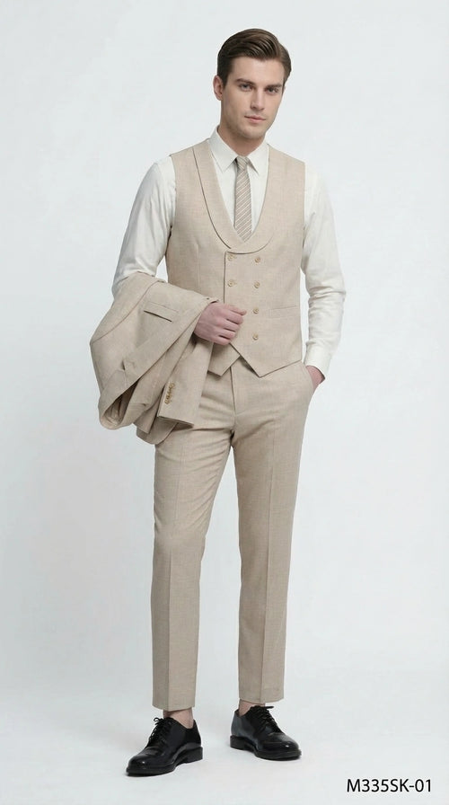 Mens Sand Beige 3 Piece Suit – Double breasted Vest Formal Suit Set and Dress Pants in Champaign Natural Summer Color