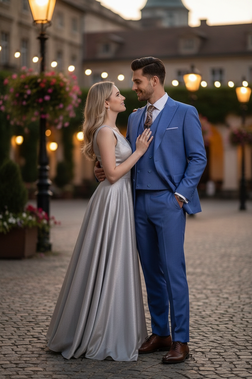 Mens Light Blue Double-Breasted 3-Piece Suit Set Tailored Fit Formal Business Suit in Steel Blue Sky Blue Color