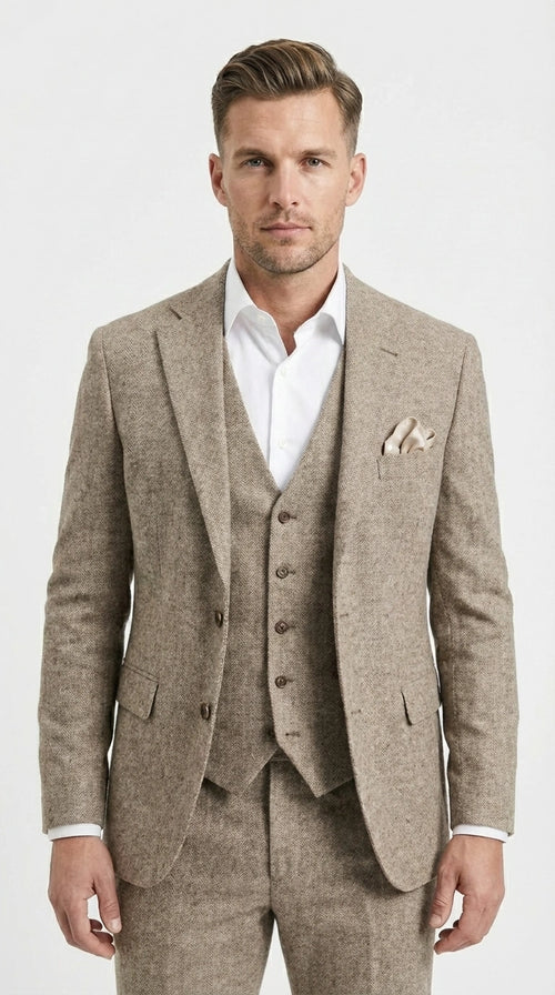 Men’s Light Beige Herringbone Tweed Suit with Vest – Classic Three Piece Formal Suit, Vintage Business Wedding Outfit, Elegant Smart Casual Wear
