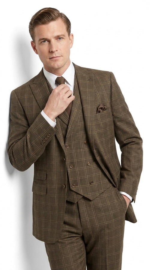 Men’s 1930s Brown Plaid 3 Piece Suit, Vintage Formal Wedding Business Dress Suit Set