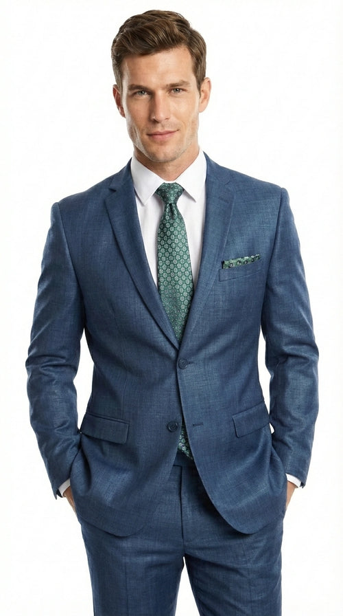 Men’s Indigo Blue Sharkskin Suit – Textured Shiny Formal Suit for Wedding, Business, 2 Buttons Slim Fitted