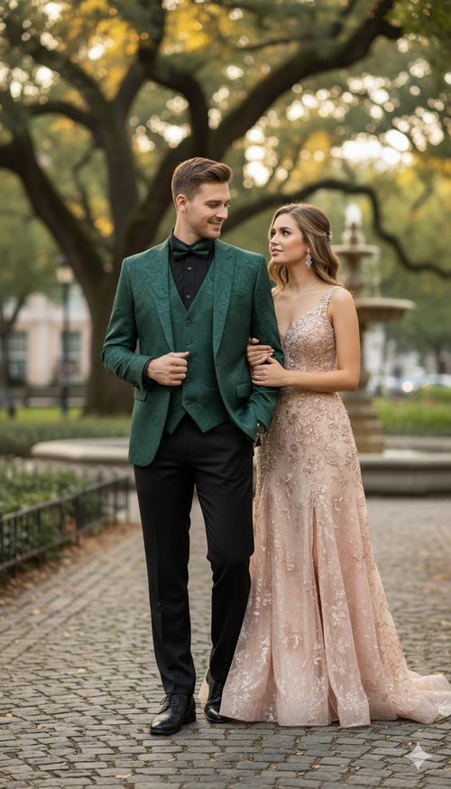 Mens Emerald Green Paisley Tuxedo 3-Piece Suit Slim Fit Formal Blazer, Vest, and Pants for Weddings, Proms