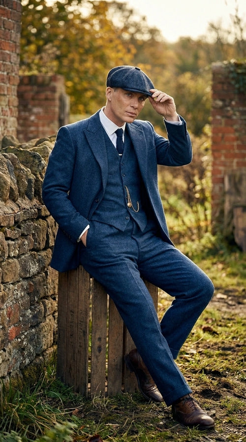 Men’s Blue 3 Piece Suit, Thomas Shelby Inspired Vintage Formal Suit Herringbone Tweed 1920s fabric