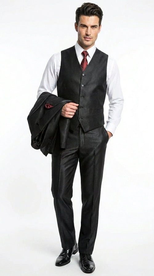 Men’s Black Shiny 3 Piece Tuxedo Groom Suit, Formal Vest Suit for Weddings, Prom, Black Tie Events, Black Lapel