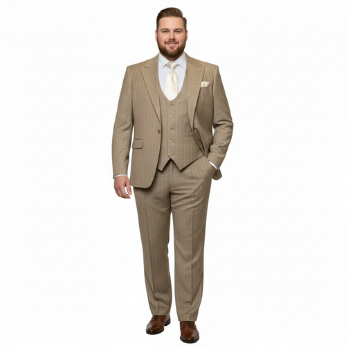 Mens Beige Pinstripe Three-Piece Suit Classic Fit Formal Suit with Vest and Flat-Front Pants in Tan Stripe By Rossiman