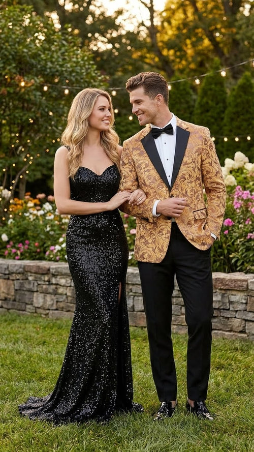 Mens Yellow Gold Baroque Pattern Tuxedo Blazer Suit Party and Wedding Jacket Prom Paisley Black Pants