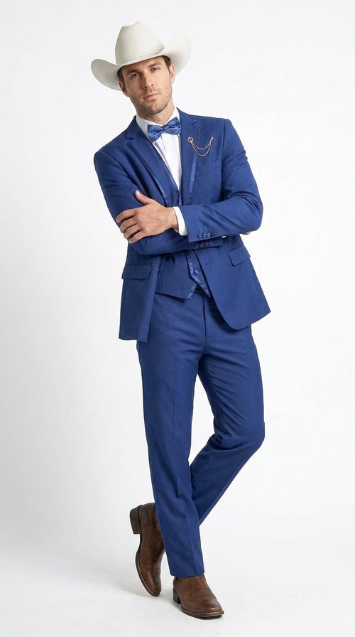Men’s Blue Western Tuxedo Suit, 3 Piece Cowboy Formal Wedding Prom Suit with Satin Trim