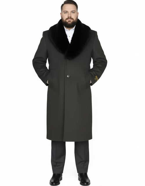 Mens Full Length Olive Overcoat with Black Fur Collar Luxury Wool Fabric Winter Long Coat in Hunter Green