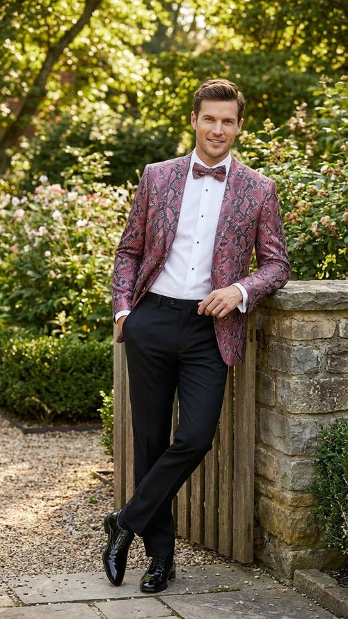 Mens Burgundy and Black Snakeskin Print Blazer Alligator Crocodile Sport Jacket Exotic Skin