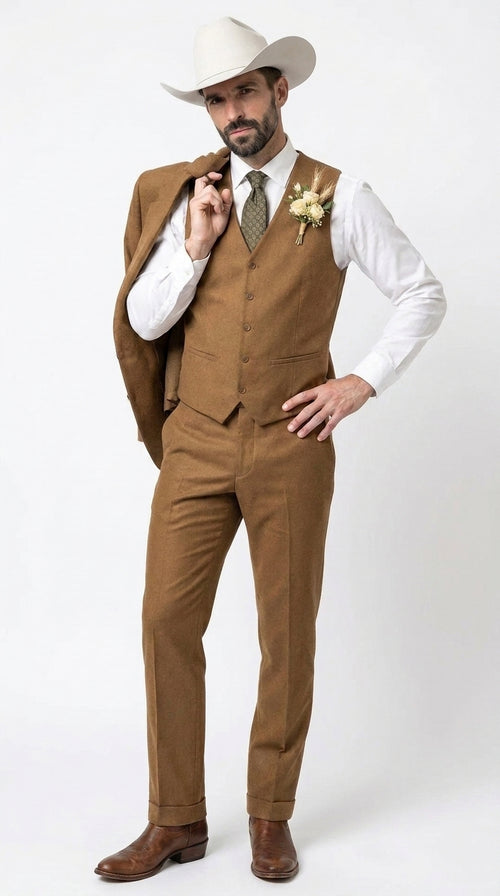 Men’s Tan Groom Outfit Country Wedding 3 Piece Suit Khaki Camel Color Modern Fit