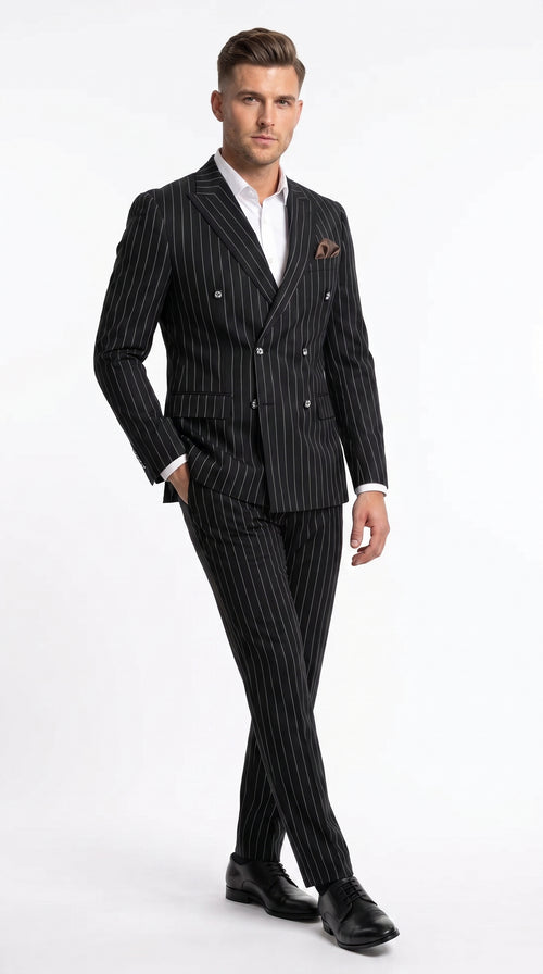 Men's Black Pinstripe Tuxedo Suit – Classic & 1920s Gangster Formal Wear Vintage 1940s 1930s Look