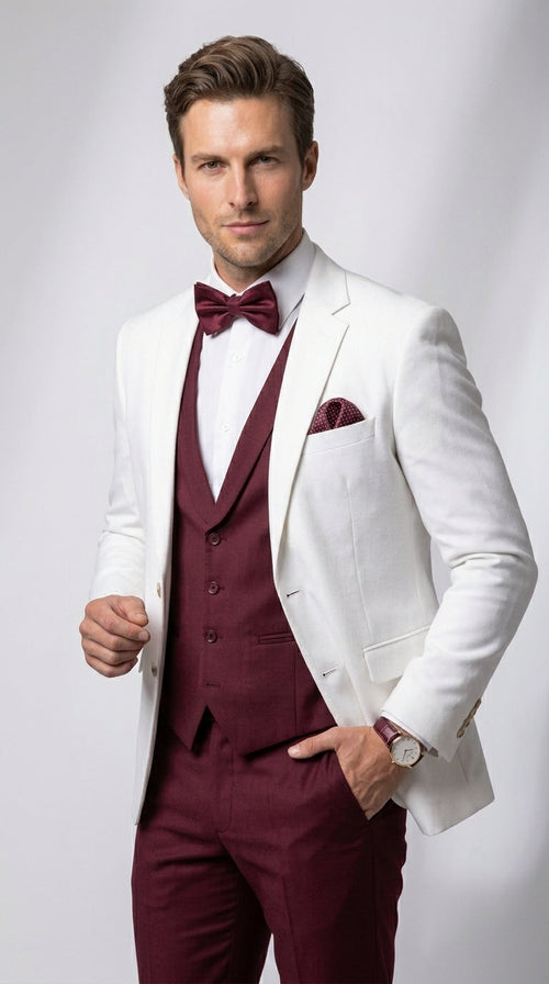 Men’s White and Burgundy 3 Piece Tuxedo Suit, Vested Formal Wedding Prom Dinner Suit Set bowtie included