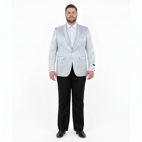 Big and Tall Mens Silver Gray Paisley Tuxedo Jacket Satin Shawl Lapel Blazer for Weddings, Proms, and Formal Events