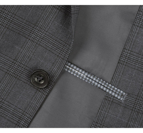 "Charcoal Grey Windowpane Plaid Men's Classic Fit Vested Suit - Two Button"