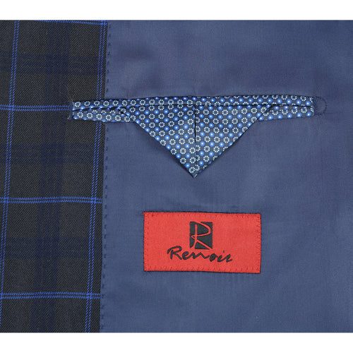 "Dark Blue Slim Fit Men's Suit - Two Button, Wide Windowpane Plaid"