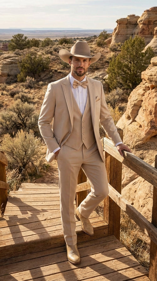 Mens Beige Tan Khaki CowboyTuxedo Suit Western Formal Three Piece Suit with Jacket Vest and Pants