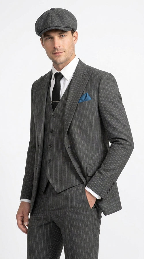 Men’s Thomas Shelby Peaky Blinders Gray Wool Suit Out fit Charcoal Grey Pinstripe 3-Piece Vintage 1920s Suit