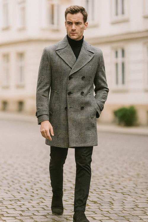 Mens Grey Plaid Double-Breasted Overcoat with Black Faux Fur Collar Classic Winter Peacoat
