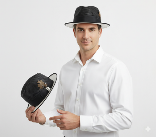 Mens Two-Tone Black and White Fedora Hat with Feather Accent Stylish Summer Dress Hat