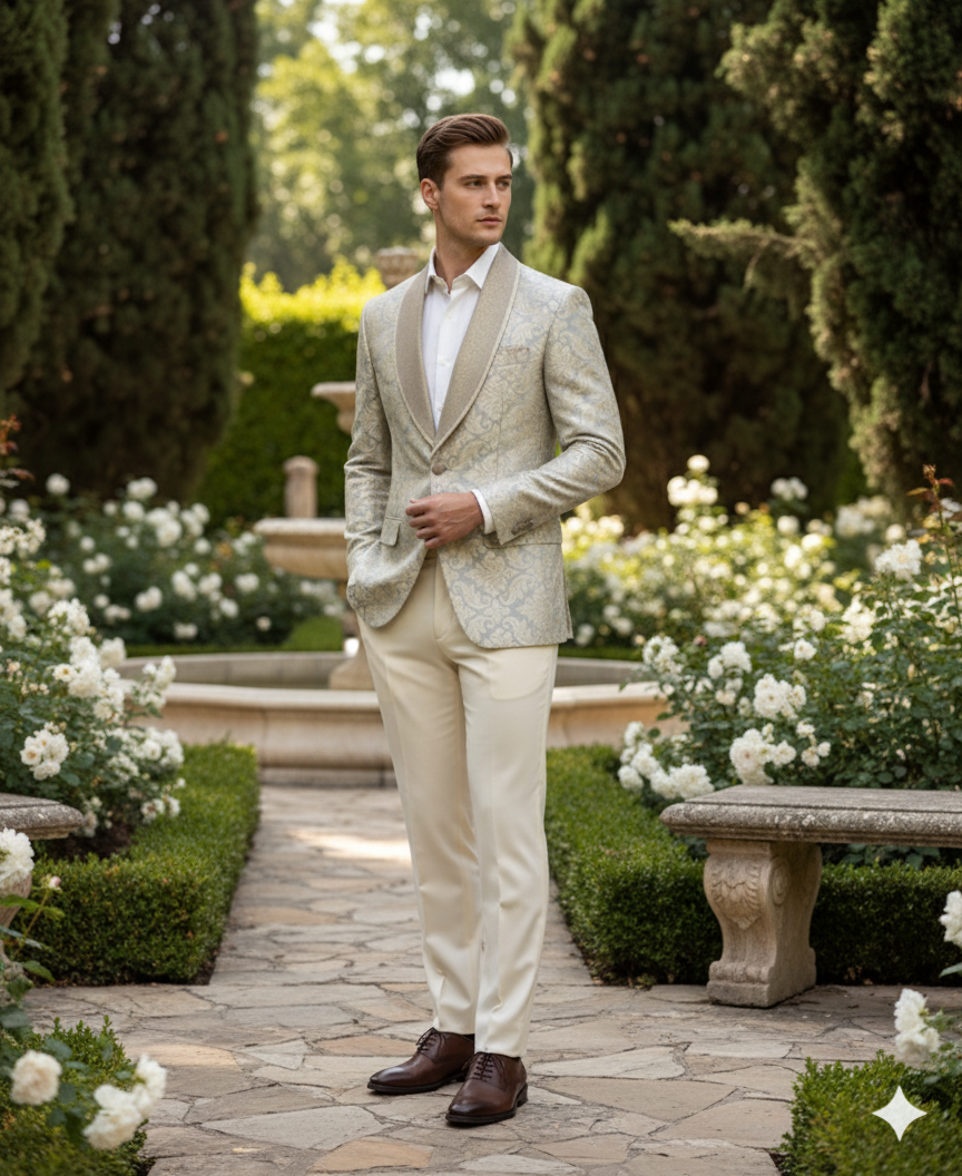 Men’s Champaign Silver and Cream Embroidered Luxury Blazer – Floral Pattern Wedding & Party Dinner Jacket in Light Tan Color - 36 Short