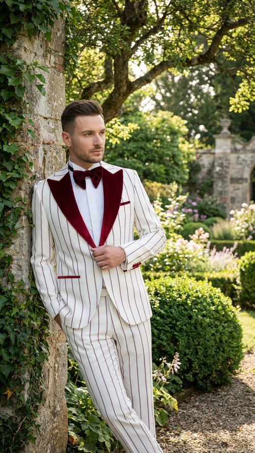 Mens White and Dark Red Pinstripe Tuxedo with Velvet Shawl Lapel Formal Dinner Blazer Prom Christmas New Year Holiday Suit