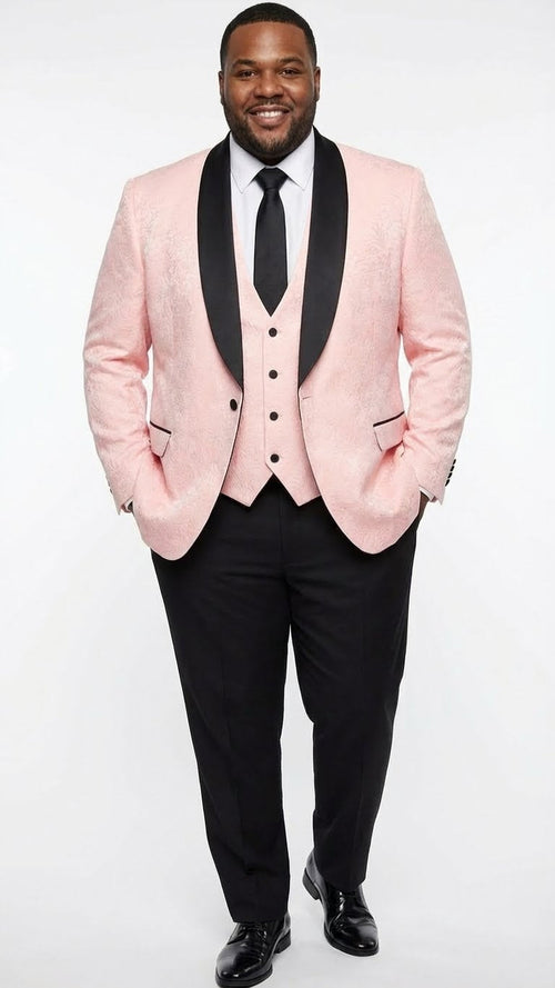 Mens Blush Pink Tuxedo Suit Set with Black Shawl Lapel 3 Piece Formal Wedding and Party Prom Vest + Black Pants