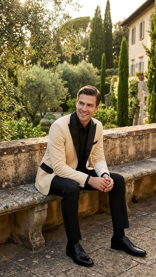 Mens Ivory Dinner Jacket - Cream Velvet Blazer with Black Satin Lapel | Wedding and Party Formal Sport Coat in off white