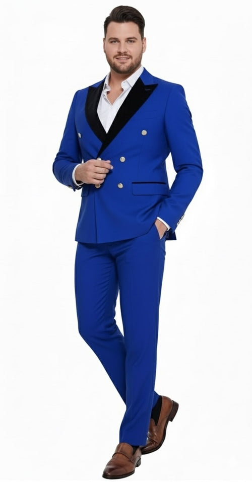 Mens Royal Blue Double-Breasted Tuxedo Suit Modern Slim Fit Formal Wedding and Prom Outfit with Black Satin Lapel