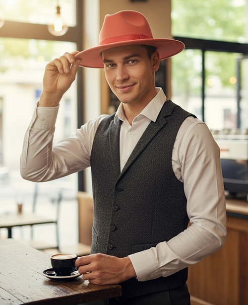 Mens Coral Pink Wide Brim Fedora Hat Wool Felt Dress Hat with Red Ribbon Band