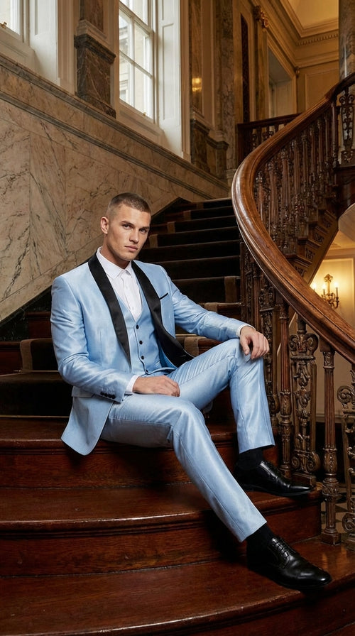 Mens Light Blue Shiny 3 Piece Suit with Black Shawl Lapel | Formal Wedding Prom Suit - Sateen Sharskin Suit