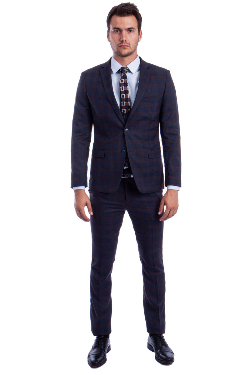 "Men's Skinny Fit Two Button Plaid Suit with Low Cut Vest - Blue & Brown"