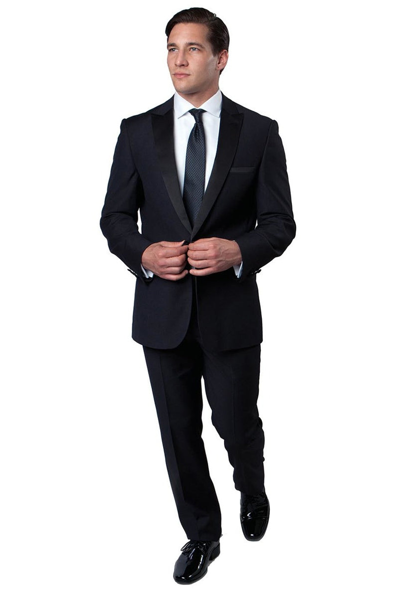 "Navy Blue Men's Slim Fit Wedding Tuxedo with One Button Peak Lapel" - 34 Short