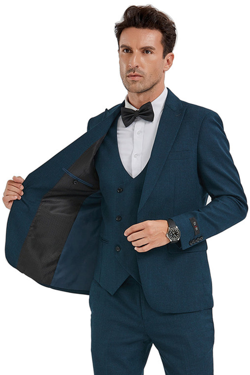 "Men's Slim Fit Sharkskin Suit - Dark Teal, One Button Peak Lapel with Double Breasted Vest" - 34 Short
