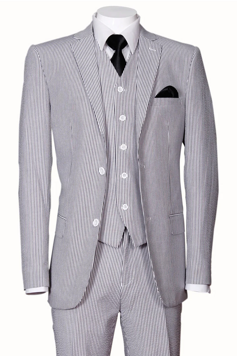 "Black Seersucker Suit, Men's 2-Button Vested Summer Style"