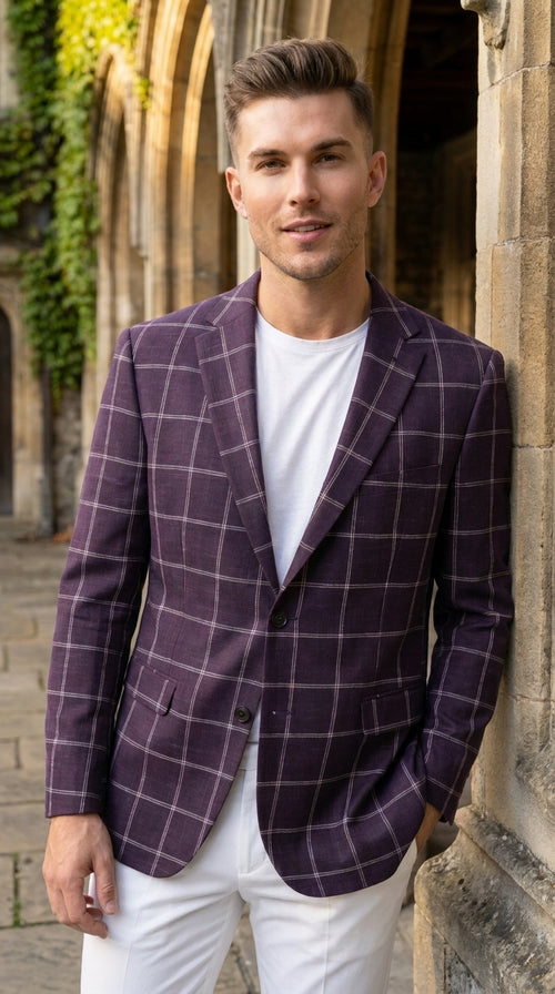 Men's Purple Windowpane Sport Coat β Classic Fit Plaid Blazer Jacket for Business, Wedding & Casual Wear