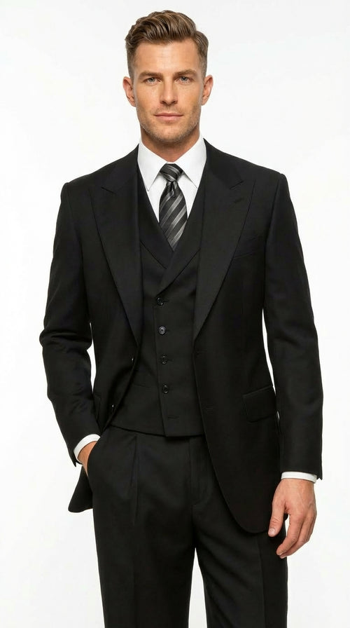 Tiglio Mens Black 3 Piece Suit β Single Button Classic Fit Pleated Wide Leg Pants Formal Business Chruch Suit - 100% Wool