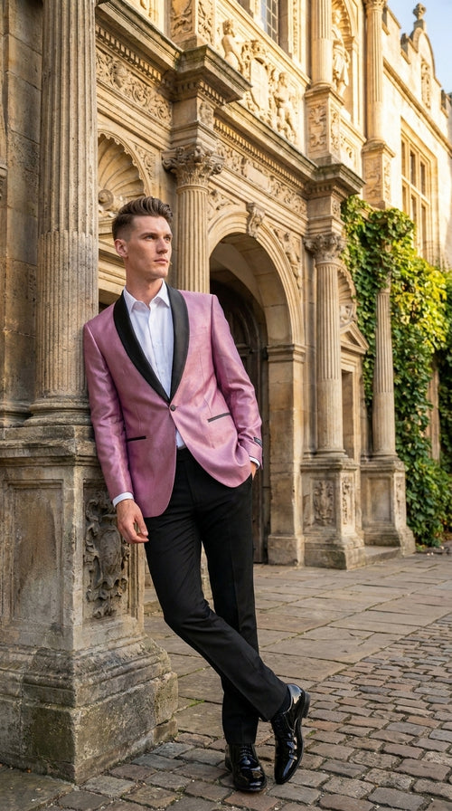 Men’s Shiny Pink Tuxedo Dinner Jacket with Black Pants – Shawl Lapel Formal Tuxedo