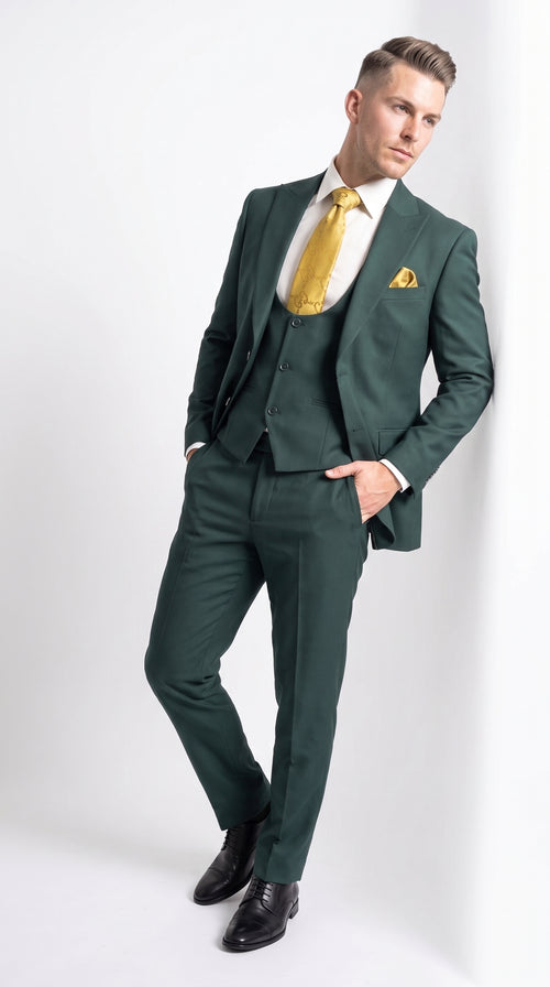 Mens Vitali 3 Piece Suit W/Scoop Vest Hunter Green 3-Piece Suit –, Big Peak Lapel Vest and Pants Modern Fit Two Buttons
