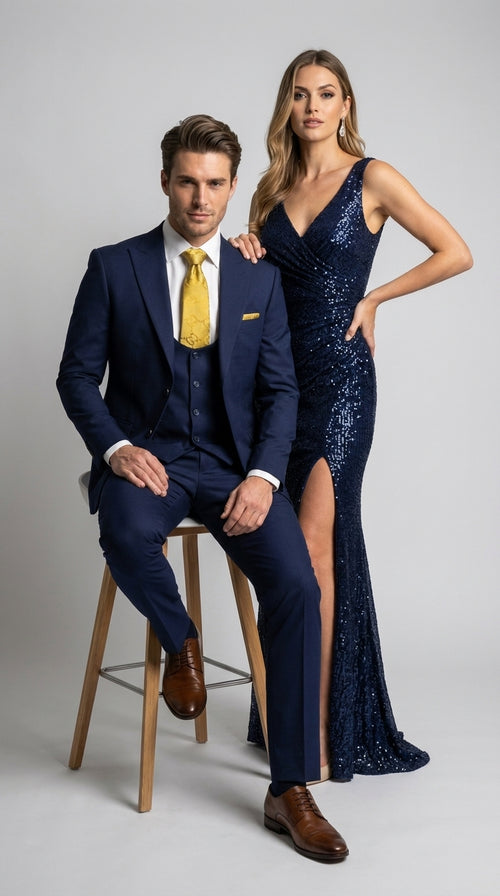 Mens Vitali 3 Piece Suit W/Scoop Vest Navy Blue 3-Piece Suit – Big Peak Lapel Vest and Pants Modern Fit Two Buttons